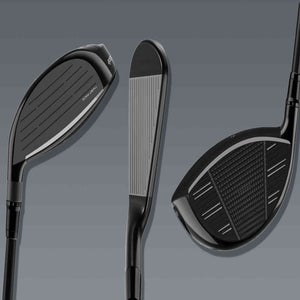 Three different black golf club heads from the TaylorMade Shadowfall collection are displayed against a gray background, each shown from a different angle to highlight their distinct shapes, grooves, and design features.
