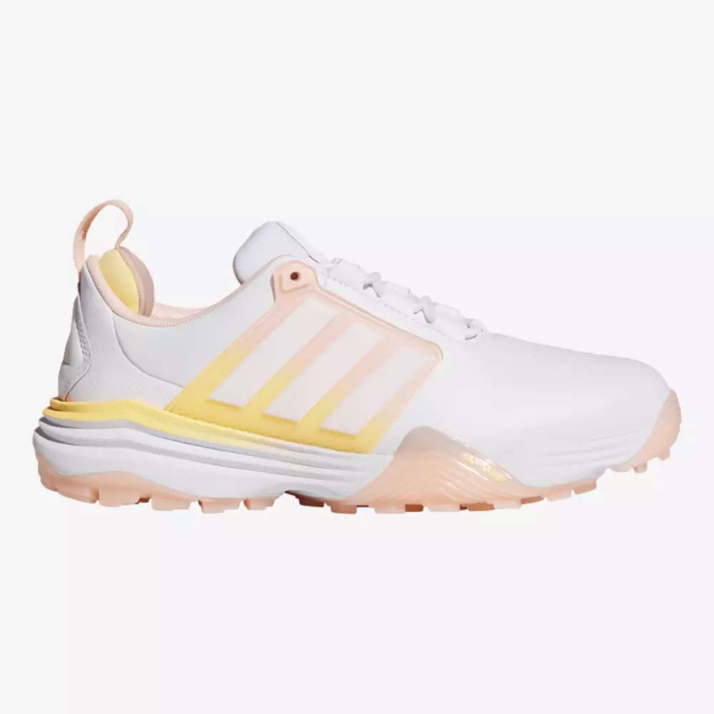 A white athletic shoe with light pink and yellow accents, featuring three pale pink stripes on the side, a textured sole, and a pull tab at the heel—perfect shoes for both style and comfort.