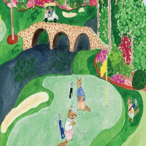 Whimsical illustration of three anthropomorphic animals playing golf on a green course, painted in a Masters-inspired artists&rsquo; style, as they play by their own rules amid colorful trees, flowers, and a stone bridge.