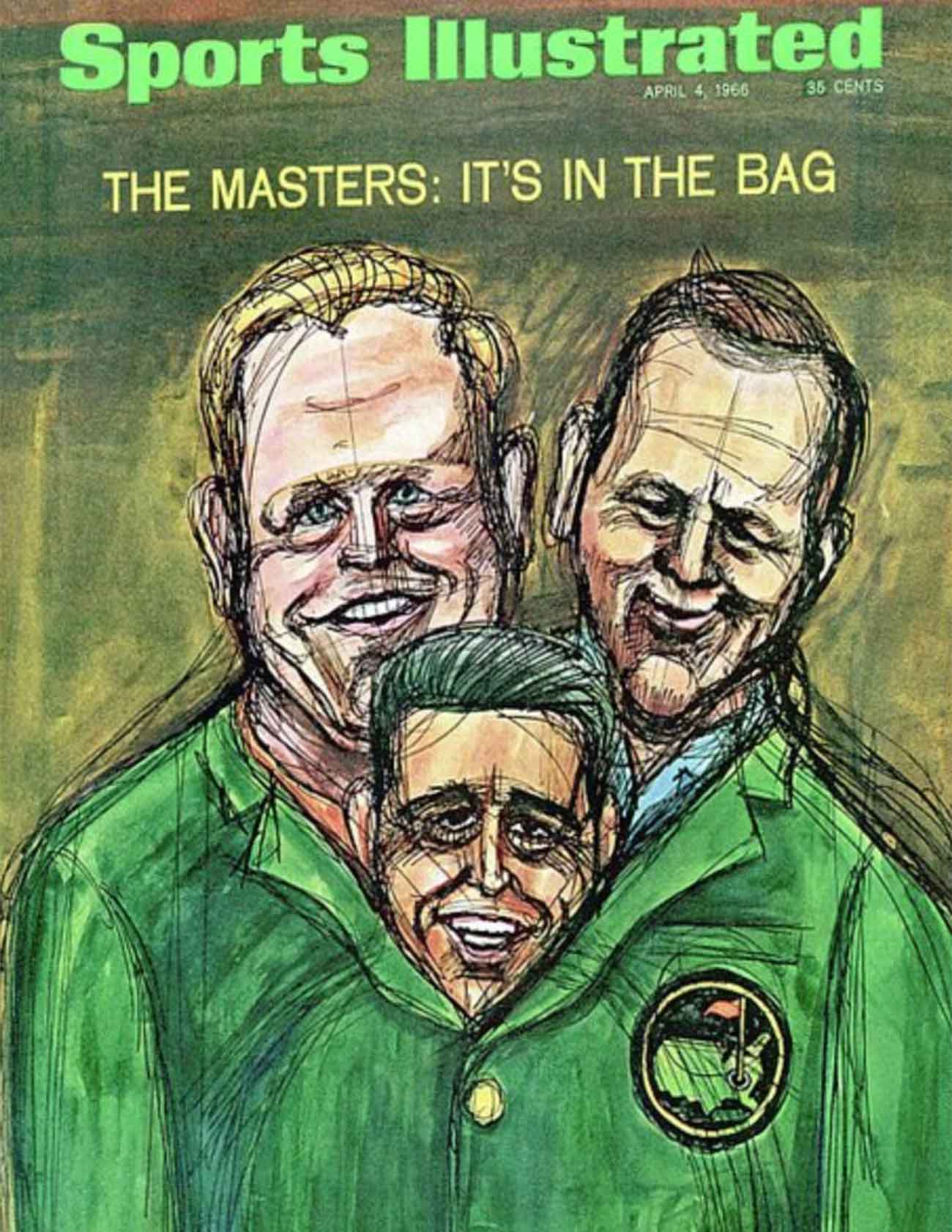 Illustrated Sports Illustrated cover from April 4, 1966, featuring three smiling men in green jackets. With bold paint strokes and a yellow-green background, this Masters-inspired artwork captures golfers playing by their own set of rules.