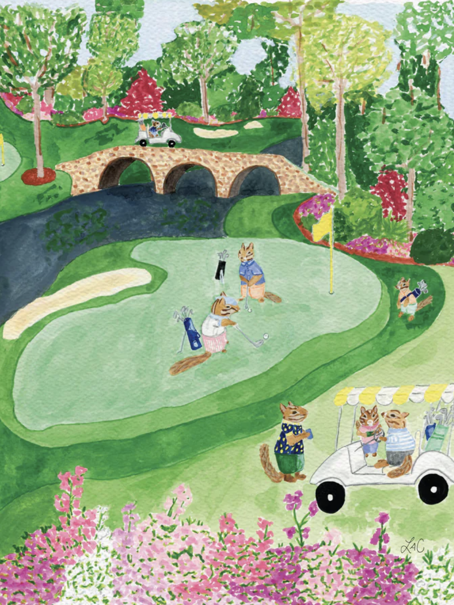 Illustration of anthropomorphic animals playing golf on a lush, colorful course, with some animals golfing on the green, others riding in golf carts, as if painted by masters-inspired artists; a stone bridge stands amid vibrant trees and flowers.