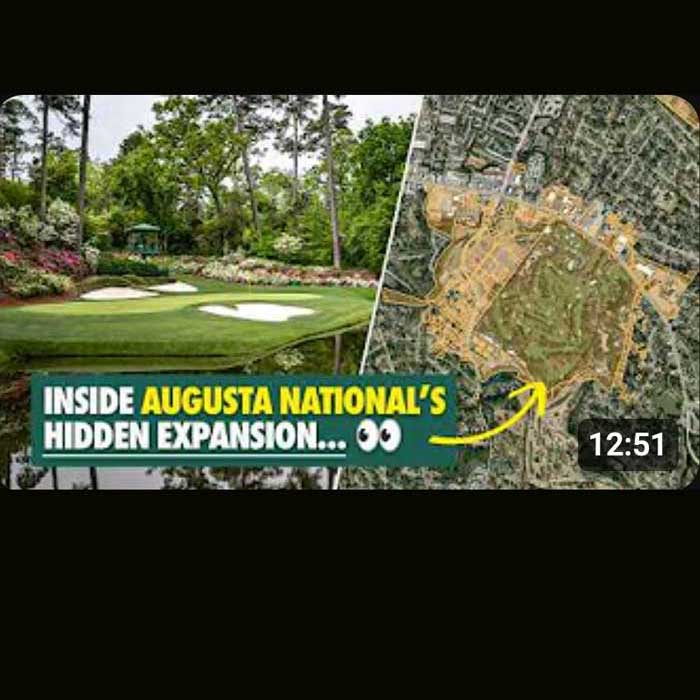 Split image showing Augusta National Golf Course: on the left, a green golf hole with trees and flowers; on the right, an aerial map of the course with highlighted areas. Text reads Inside Augusta Nationals Hidden Expansion &ndash; a must-see for Golf news fans.