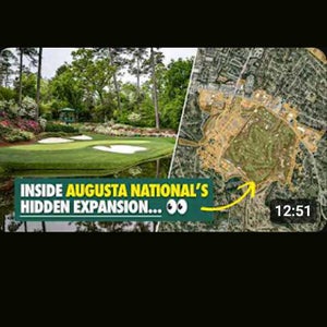 Split image: left shows Augusta National Golf Club with a green and flower beds; right shows an aerial map of the area with a yellow arrow. Text reads, Inside Augusta National&rsquo;s Hidden Expansion&hellip;and what it means for Golf news.
