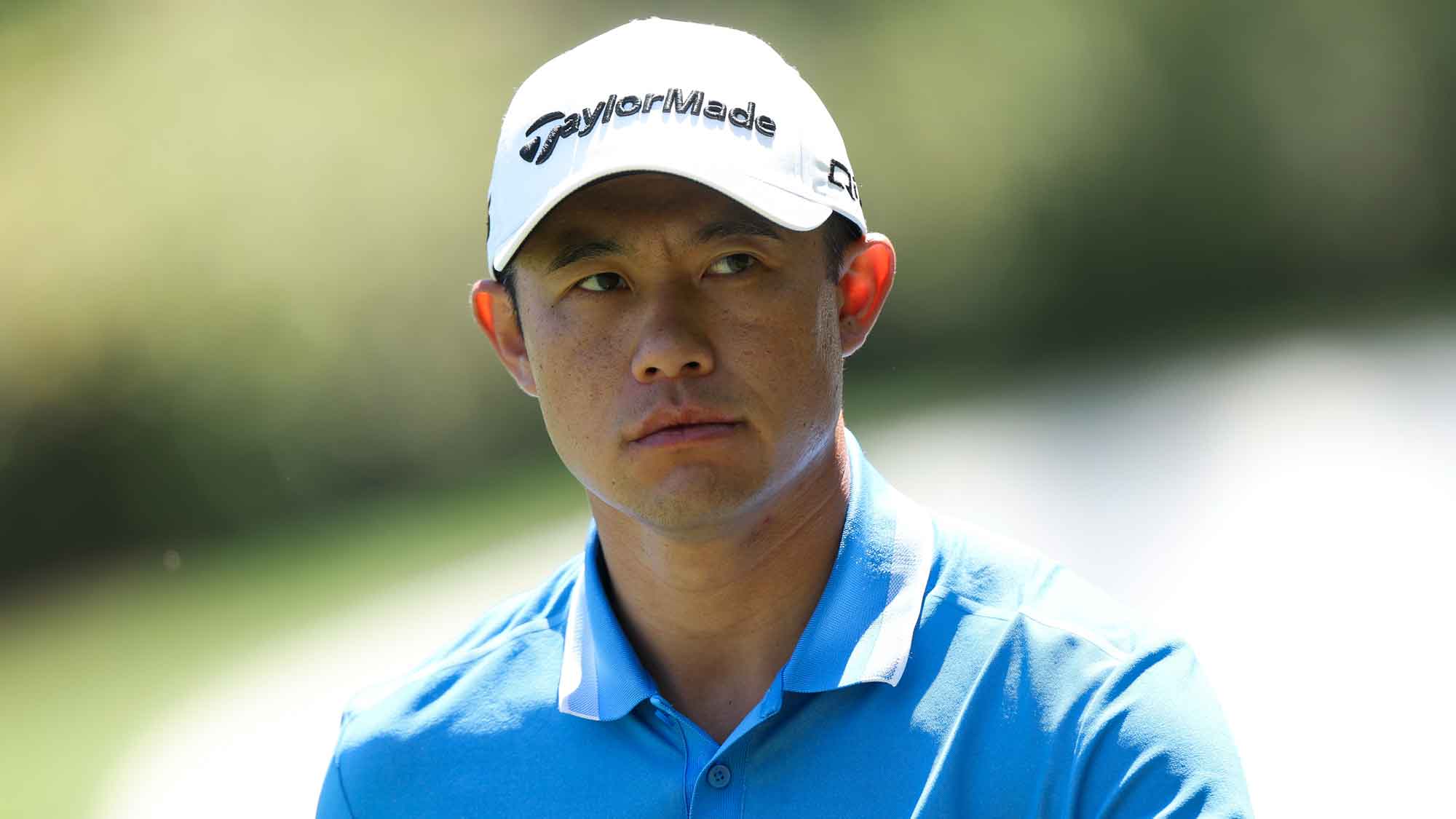 Collin Morikawa of the United States looks on from the 13th green during the first round of the 2026 Masters Tournament at Augusta National Golf Club