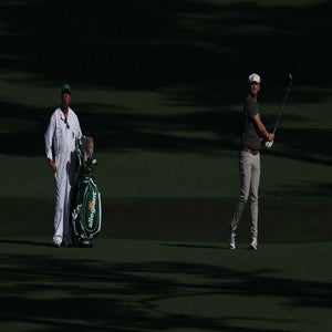 Harry Hall plays a shot during the second round of the 2026 Masters.