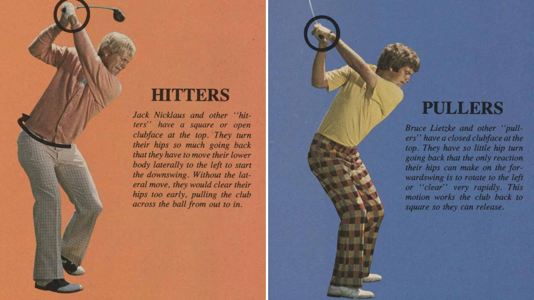 Split image: Left shows a man in a beige sweater demonstrating how to start the downswing in a golf swing for Hitters; right shows a man in yellow labeled Pullers with a different golf swing and explanation text.