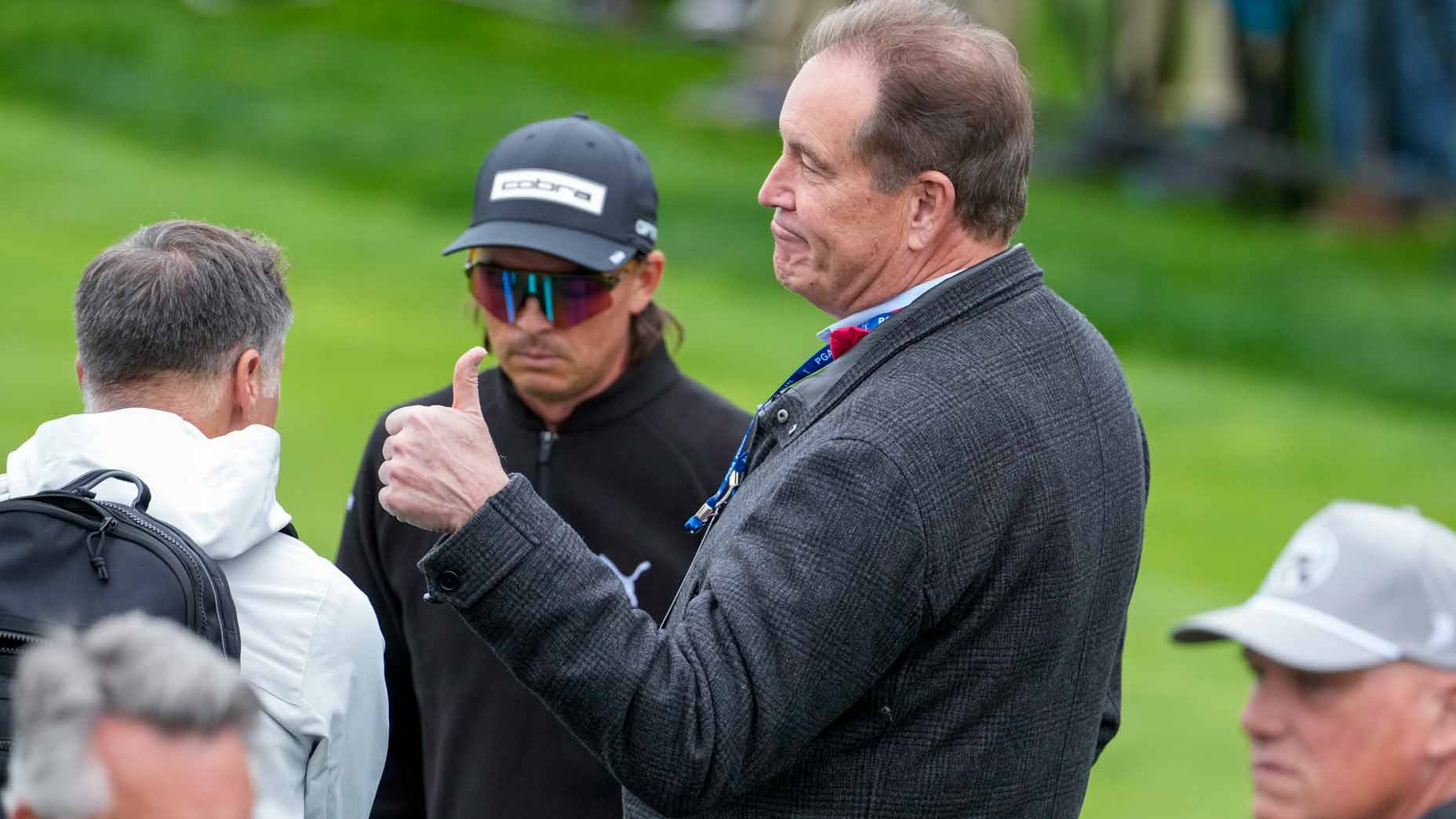 Jim Nantz gives a thumbs-up gesture during PGA Tour event before the 2026 Masters.