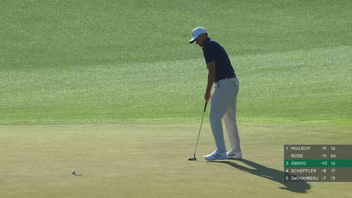 Ludvig Aberg putts at the Masters