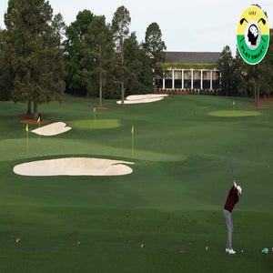 A golfer swings on a lush green golf course with sand bunkers and yellow flags, surrounded by trees. A large clubhouse is visible in the background, and a circular Play Smart! golf logo is in the top right corner.