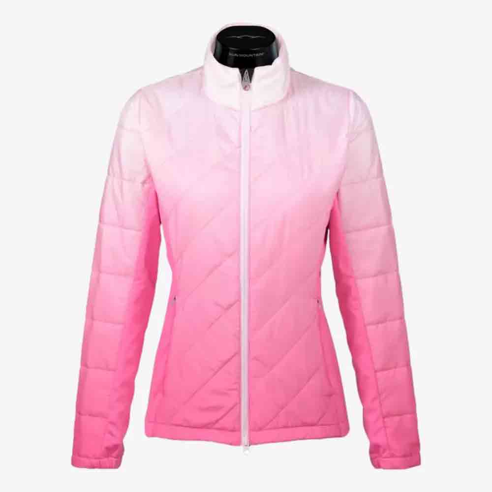A zip-front quilted women's jacket with a gradient transition from white at the shoulders to hot pink at the hem and sleeves - an ideal Mother's Day gift - displayed on a mannequin against a plain background.