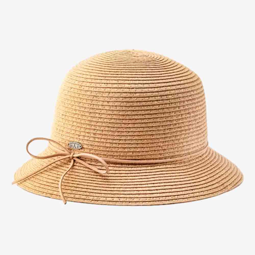 A light brown straw woven cloche hat with a round crown and narrow brim, with a subtle decorative bow and small metallic accent—perfect as a thoughtful Mother's Day gift.