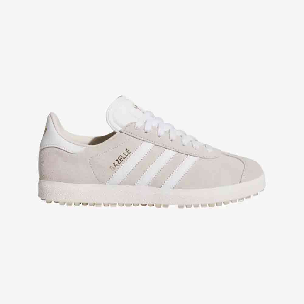 A beige Adidas Gazelle sneaker with white stripes, white laces, and a white sole, shown in a side profile view on a plain white background—an ideal Mother's Day gift.