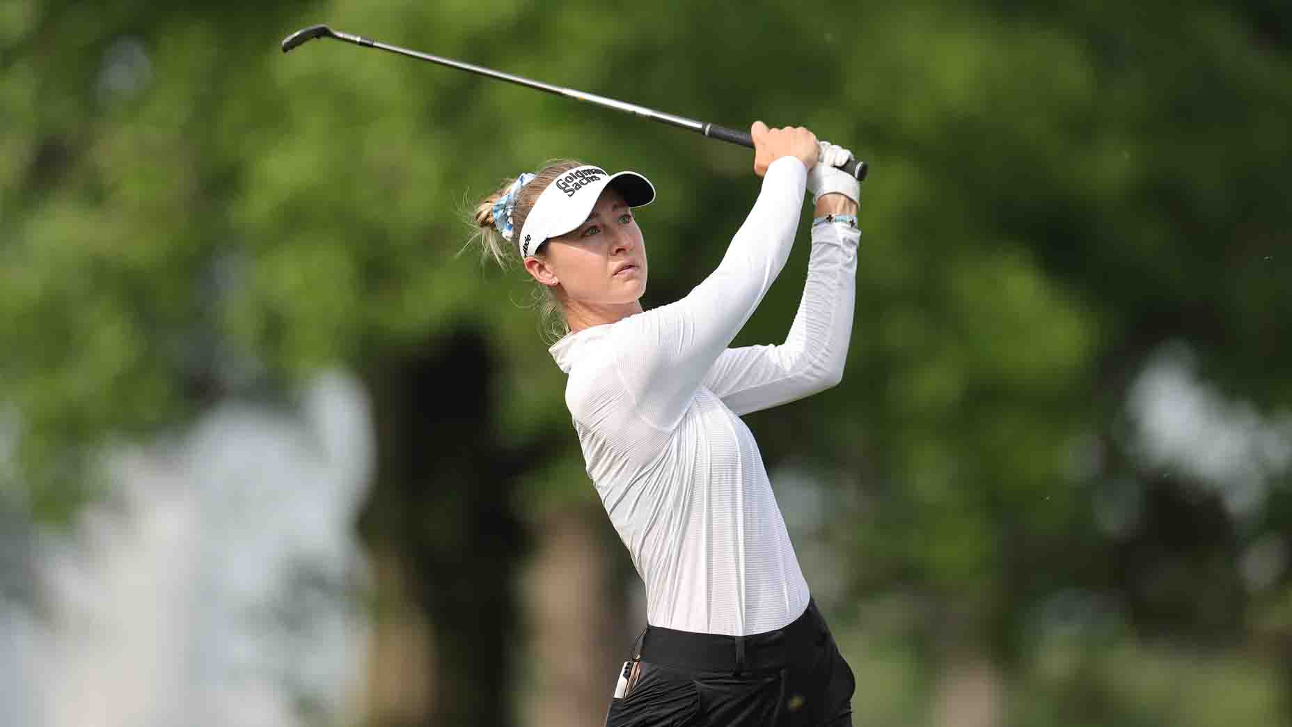 Nelly Korda hits a shot during a practice round at the Chevron Championship