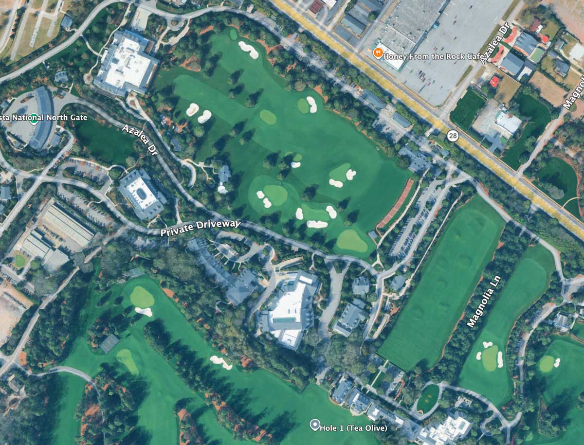 Aerial view of Augusta National golf course circa 2025.
