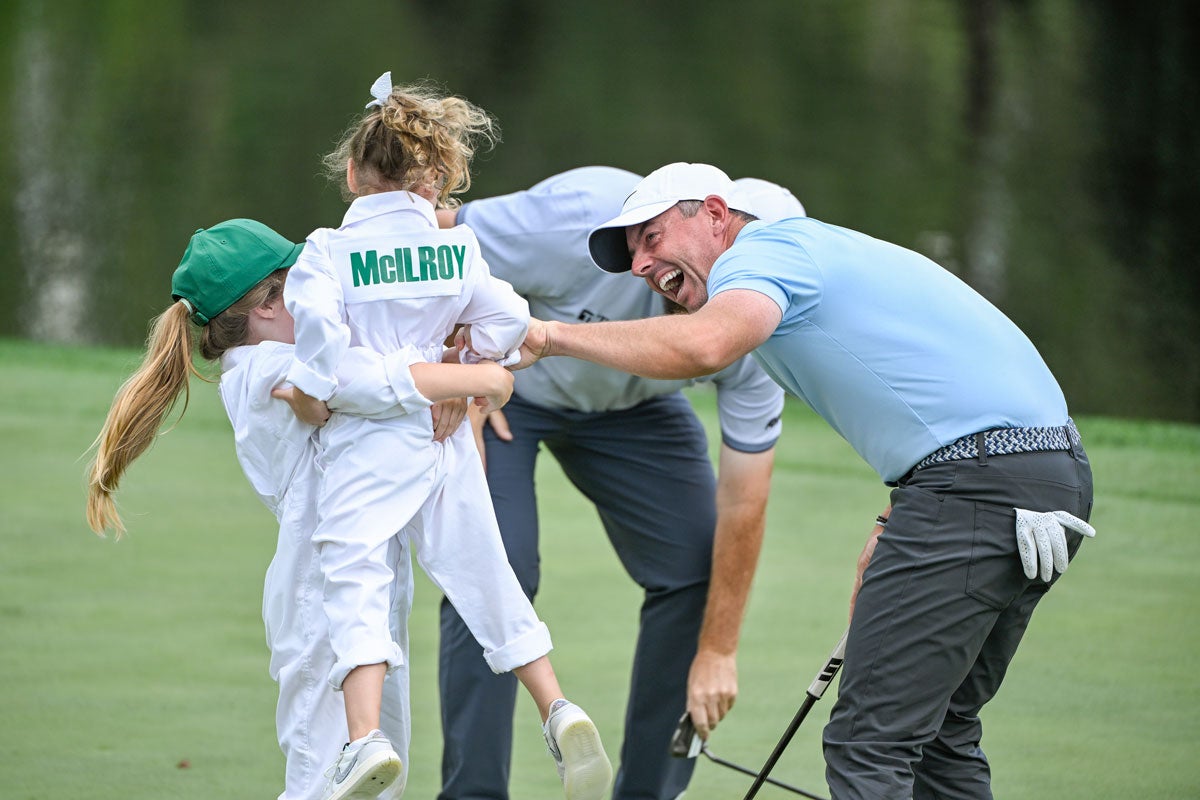 Rory McIlroy celebrates with his daughter, Poppy, at the 2025 Masters Par 3 Contest.