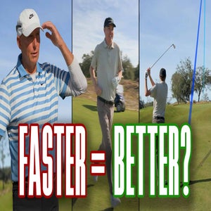 chrisopher smith stands next to golf.com editor zephyr melton as he runs and hits golf shot