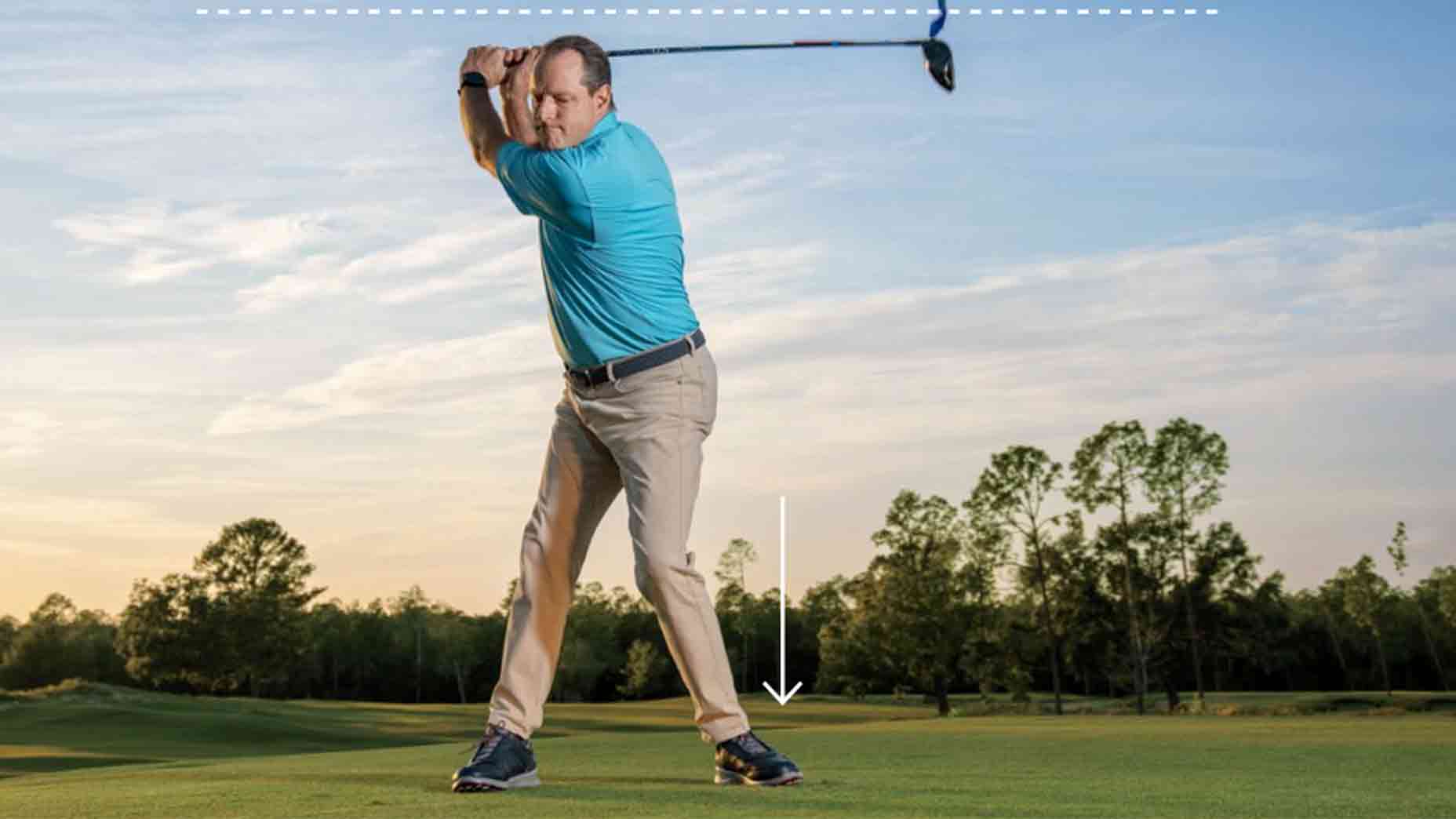 A pressure player in a blue shirt and beige pants stands on a golf course mid-swing, holding a golf club above his shoulder. Arrows and dashed lines highlight how to hit more bombs. Trees and sky form the backdrop.