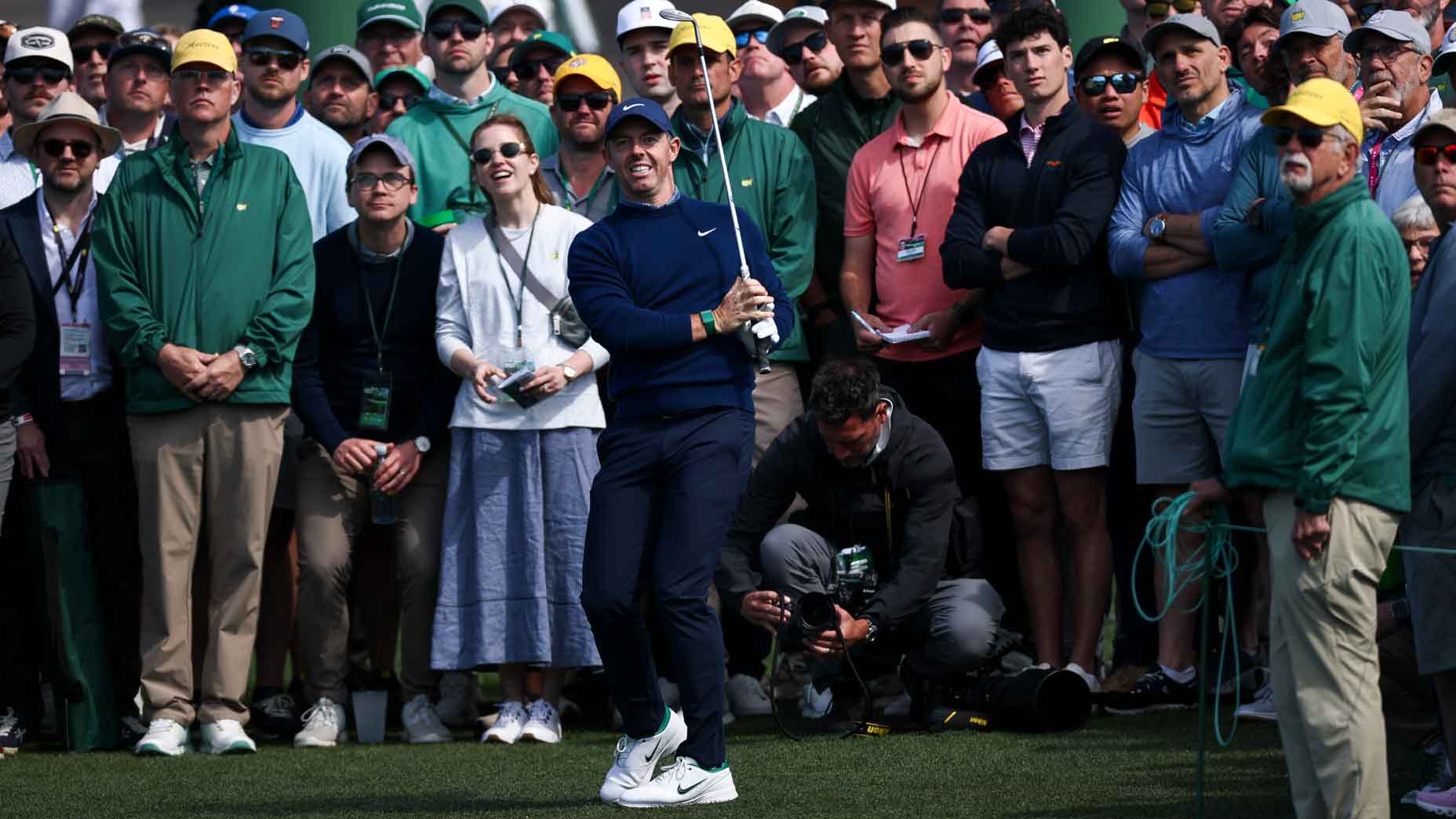 2026 Masters Friday TV coverage: Rory McIlroy hits shot at Augusta National in front of fans.
