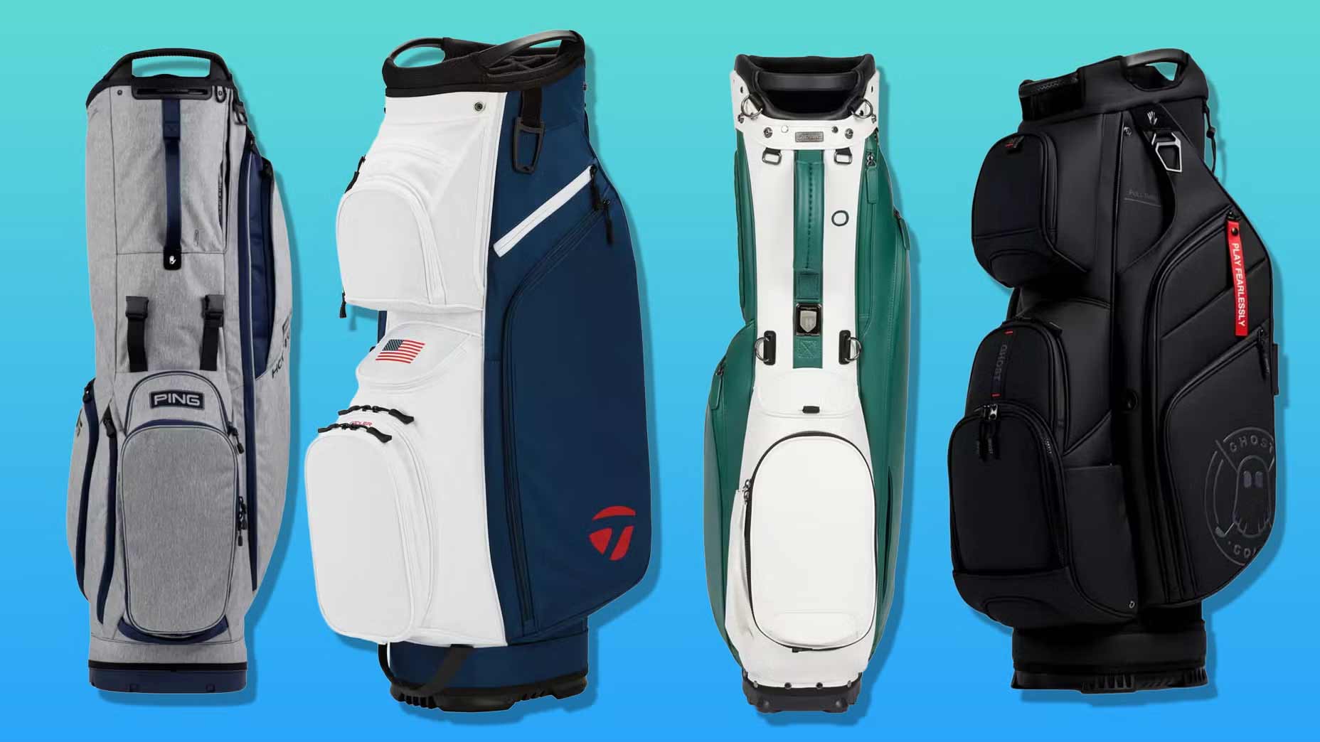 Four of the best golf bags 2026—gray, white and blue, green and white, black—stand upright side by side against a blue gradient background. Each bag features multiple pockets and handles for easy organization and carrying.