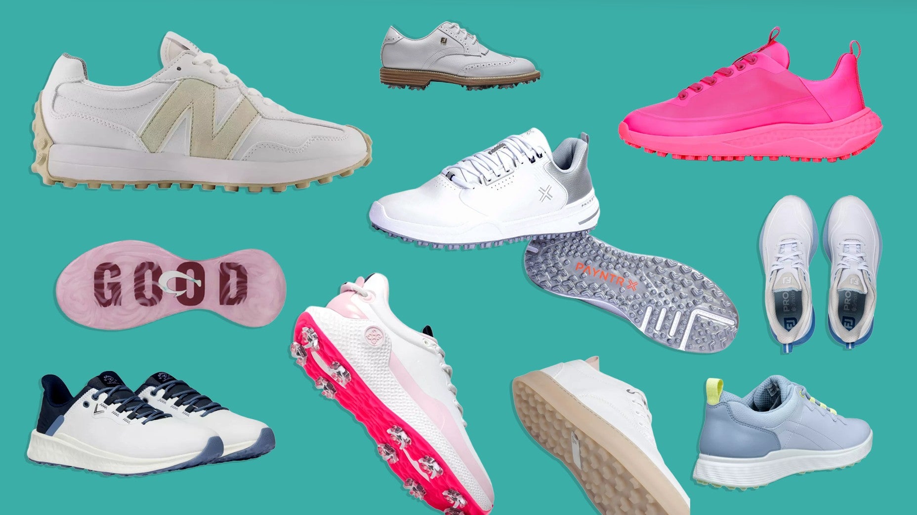 A curated selection of the best women's golf shoes 2026, featuring a range of styles and colors—white, pink, gray, and multicolored—arranged on a teal background with side, top, and sole views for every preference.