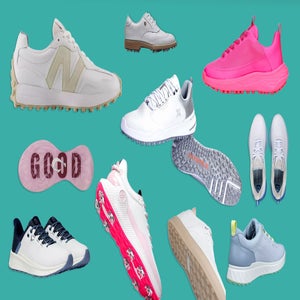 A curated selection of the best women's golf shoes 2026, featuring a range of styles and colors&mdash;white, pink, gray, and multicolored&mdash;arranged on a teal background with side, top, and sole views for every preference.