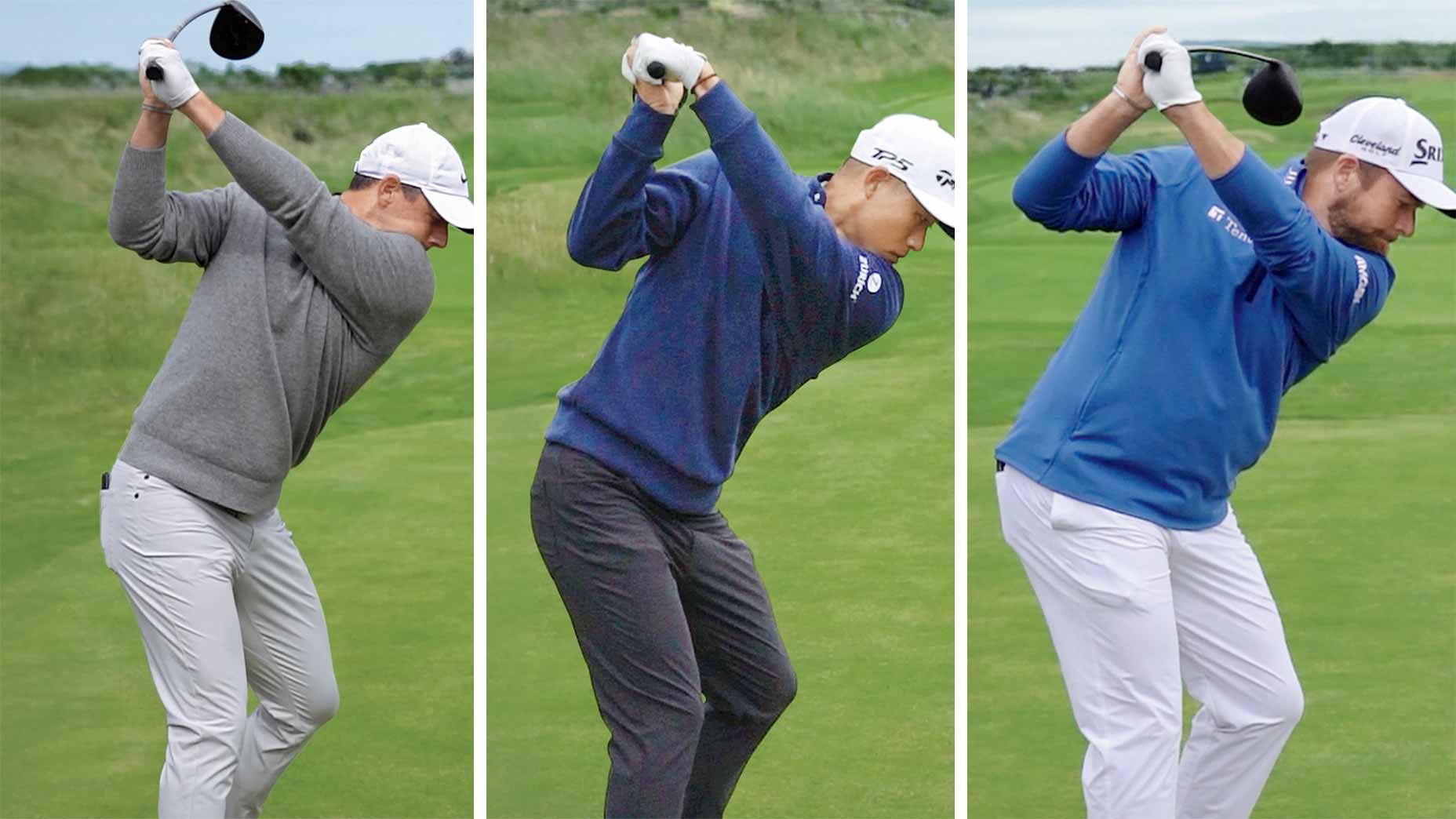 rory mcilroy, collin morikawa abd shane lowry at the top of the backswing
