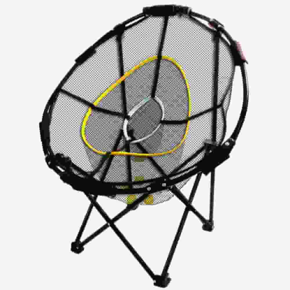 A round, black mesh folding chair with a circular frame, yellow accent ring, and crossed metal legs—resembling a moon chair or saucer chair—makes the perfect relaxing seat for reviewing the best golf bags 2026 lineup.