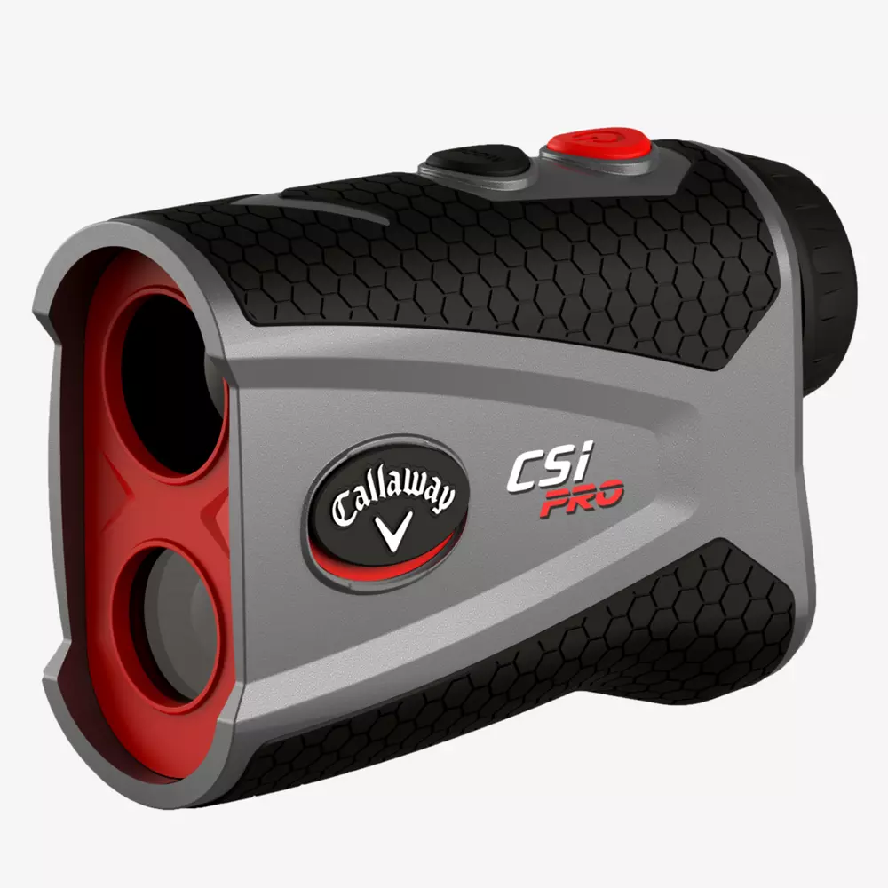 A Callaway CSI Pro rangefinder with a black, grey, and red design, featuring a textured grip, two buttons on top, and the Callaway logo on the side&mdash;one of the best deals under $50 for golfers.