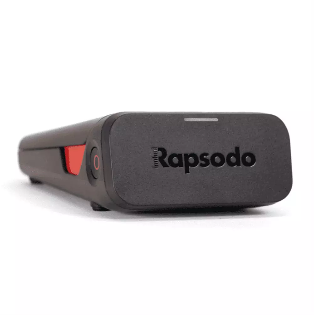 A black Rapsodo sports device viewed from the front angle, featuring the brand name and logo on its face, with a red button on the side&mdash;perfect for those seeking best deals under $50.