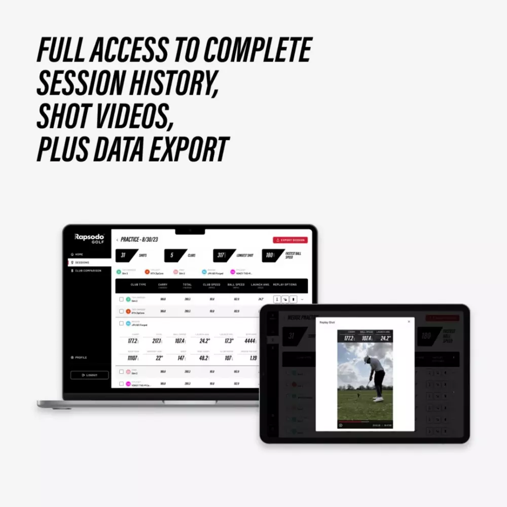 A laptop and a tablet display sports performance data and a golfer&rsquo;s swing video. Text above reads: Full access to complete session history, shot videos, plus data export. Discover the best deals under $50 for powerful performance tracking.