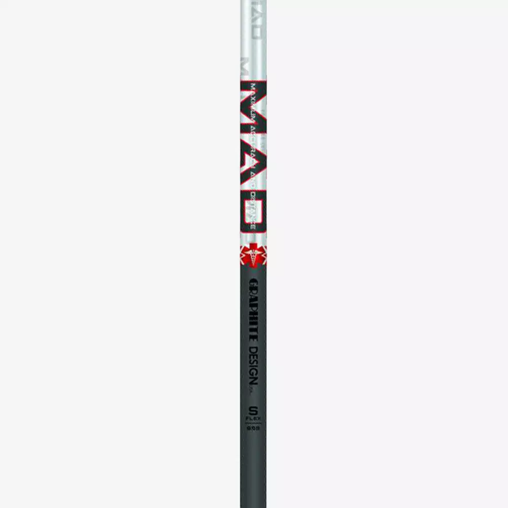 A close-up of the golf club shaft with the brand name “MAJESTY” in red and white lettering, “GRAPHITE DESIGN” and black specs on a silver-black gradient—find the best deals under $50 on premium equipment.