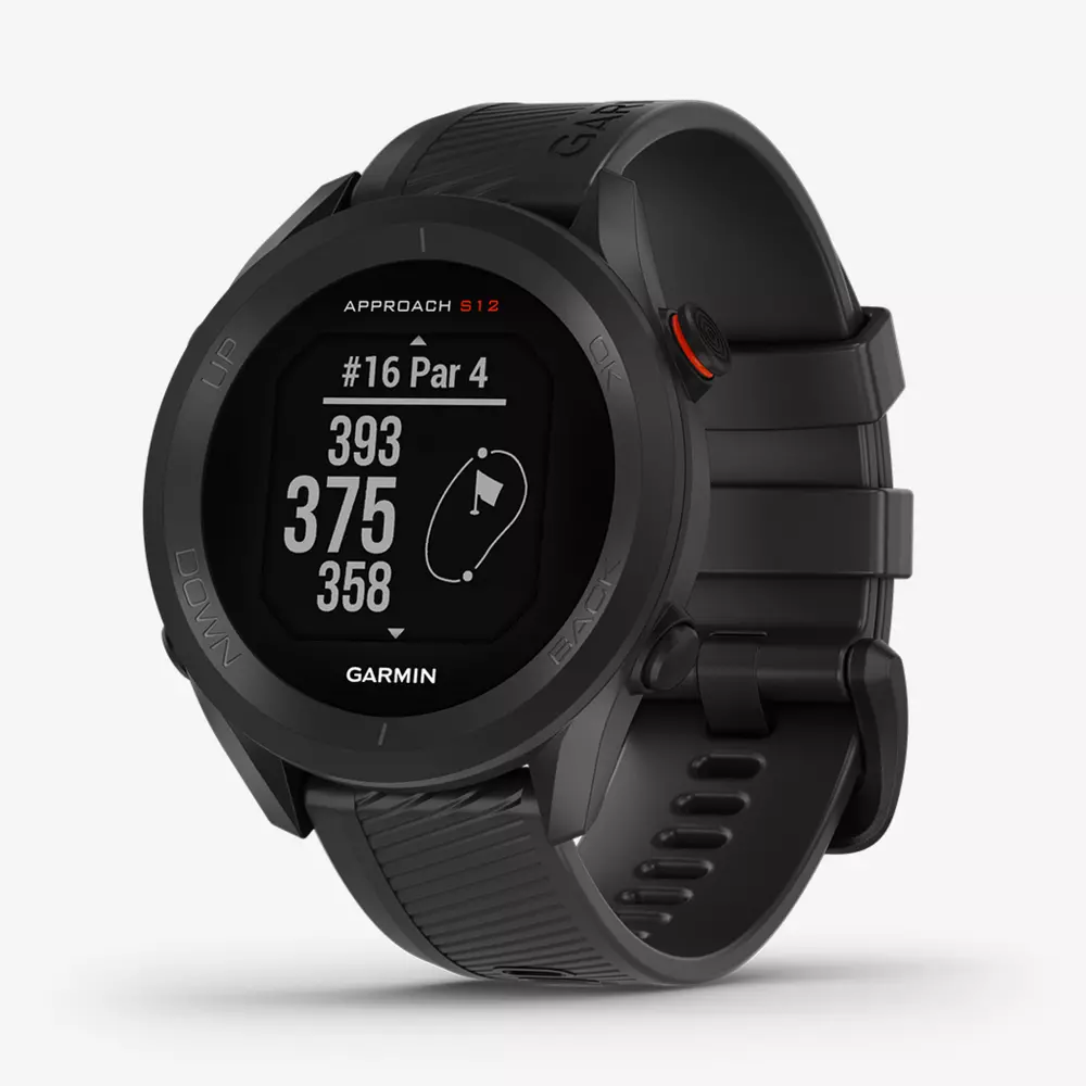 A black Garmin Approach S12 GPS golf watch displays hole 16, par 4, with distances of 393, 375, and 358 yards on its round digital screen&mdash;one of the best golf deals for $100 or less.