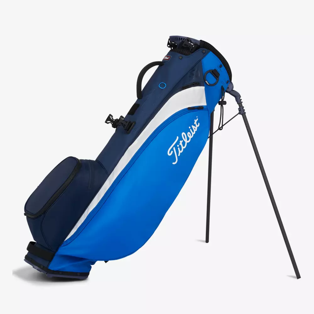 A blue and navy Titleist golf stand bag with white accents is shown standing upright on its extended legs against a white background&mdash;an ideal pick among the best golf deals for $100 or less.