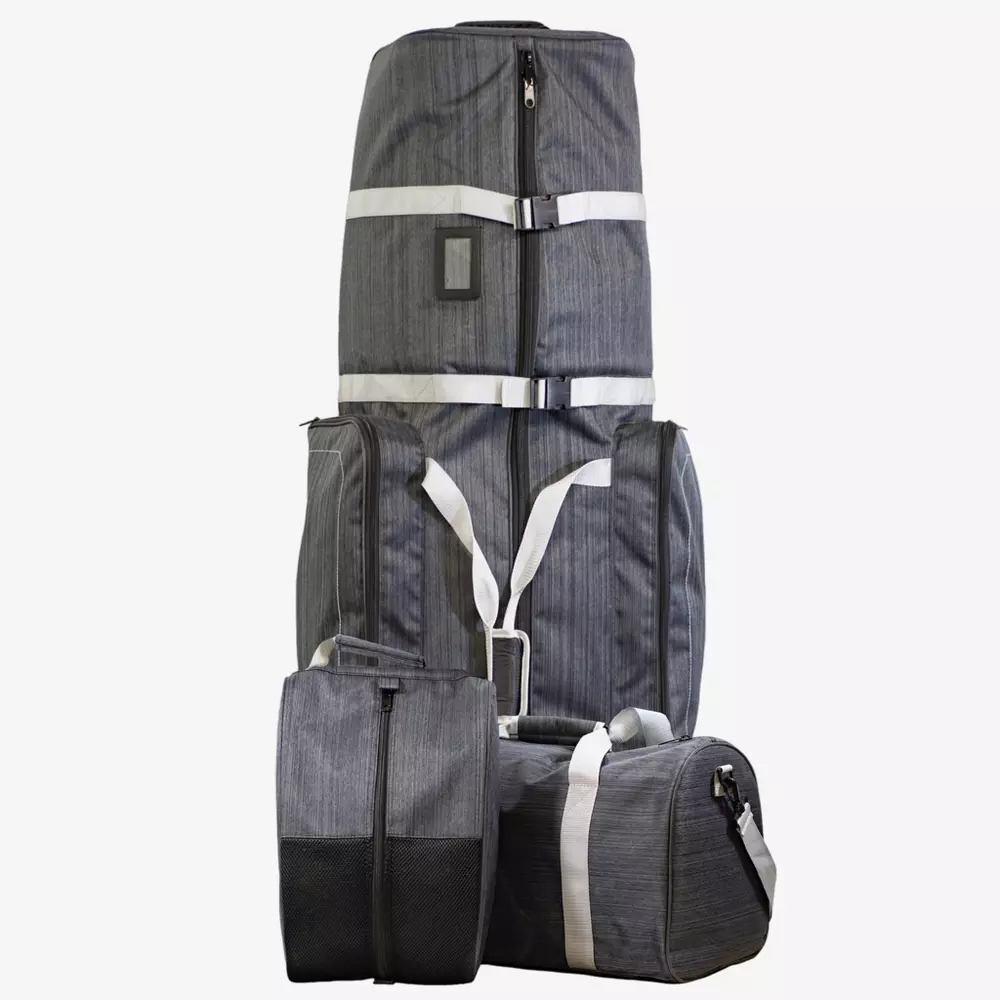 Four grey travel bags of different sizes, stacked vertically. The bags feature white straps and zippers&mdash;ideal companions for trips to the course with your best golf rangefinders&mdash;shown as a backpack, two duffel bags, and one rectangular bag.