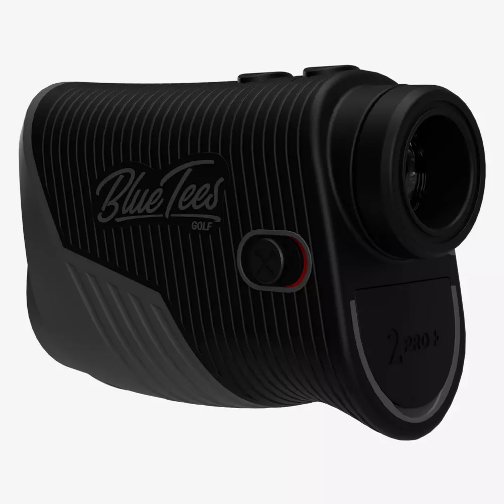 Blue Tees Golf rangefinder in black with textured grip, round lens, red accent button, and 2 Pro+ model label on front—perfect for golfers looking for the best deals under $50.