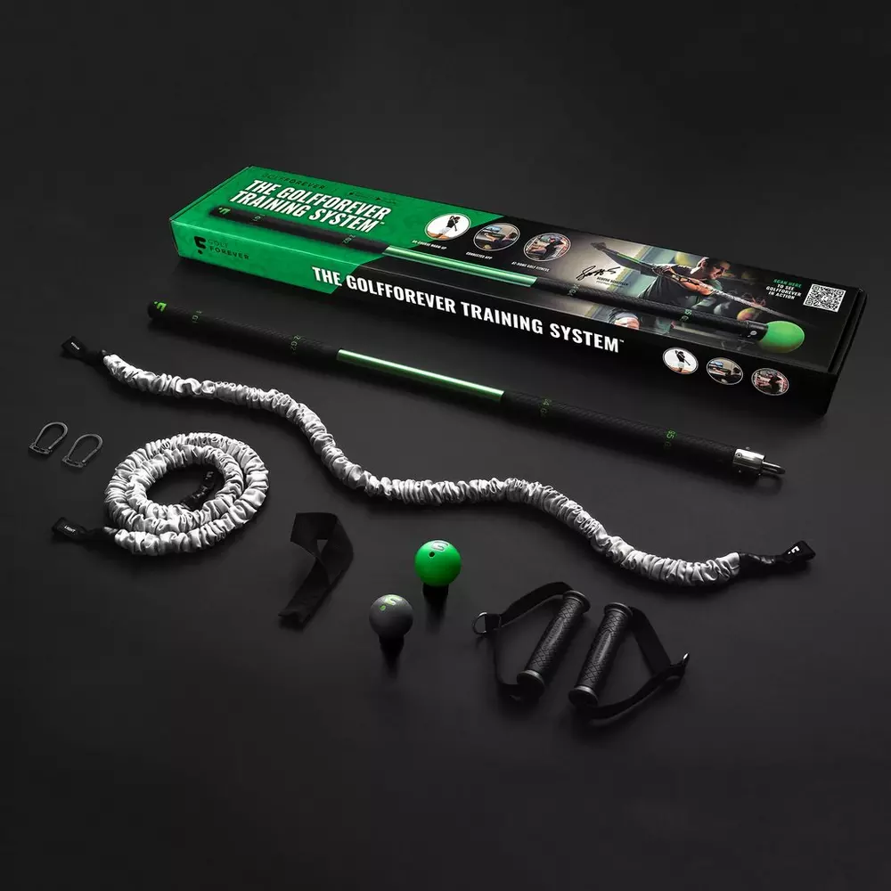 The image shows the GolfForever Training System set, featuring a green and black box, training bar, resistance band, handles, golf ball attachment, carabiners, and accessories&mdash;perfect for those seeking best deals under $50 on golf gear.