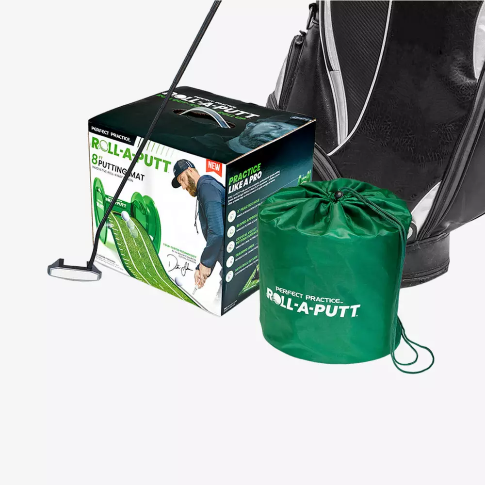 A golf putter, a black golf bag, a green drawstring pouch, and a box labeled Roll-A-Putt Putting Mat with product images and a golfer on the packaging&mdash;find the best deals under $50 on these golf essentials!.
