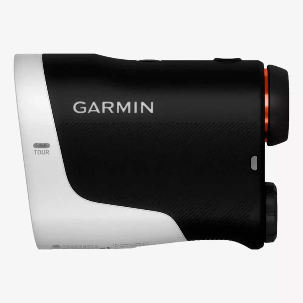 Side view of a black and white Garmin rangefinder device with GARMIN written on the side and an orange accent around the lens—perfect for those seeking the best deals under $50.