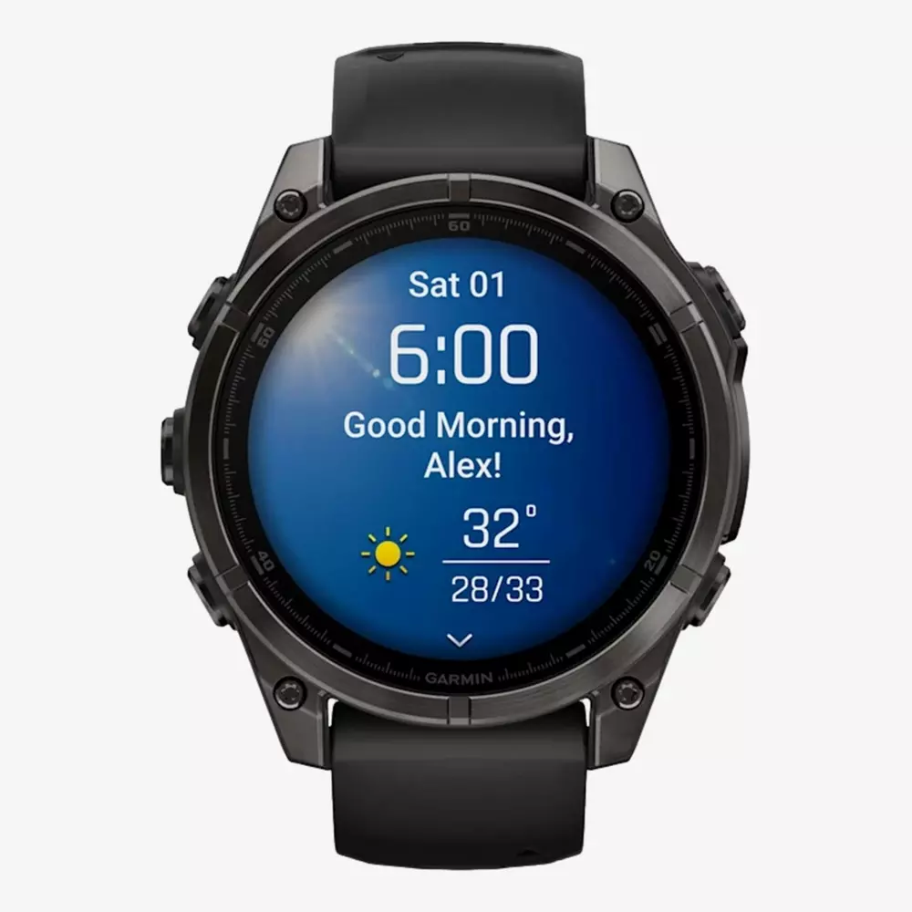 A black smart watch displays the time as 6:00 on Saturday the 1st, with a &ldquo;Good Morning, Alex!&rdquo; greeting and weather info showing 32&deg;C&mdash;perfect for heading out in your best golf shorts on a sunny day.