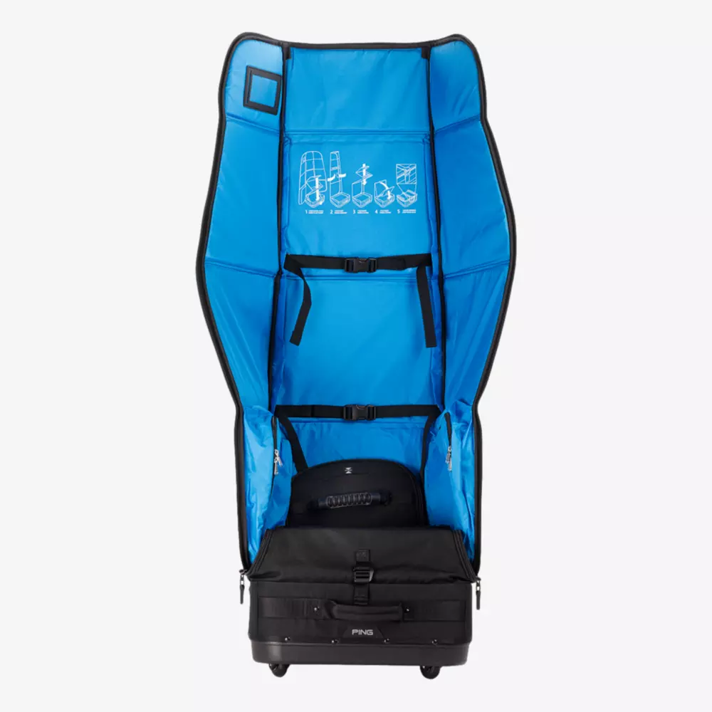 A large black travel case stands open upright, revealing a bright blue interior with black straps and white diagrams showing packing instructions for different sports gear, including tips for packing the best golf rangefinders securely.