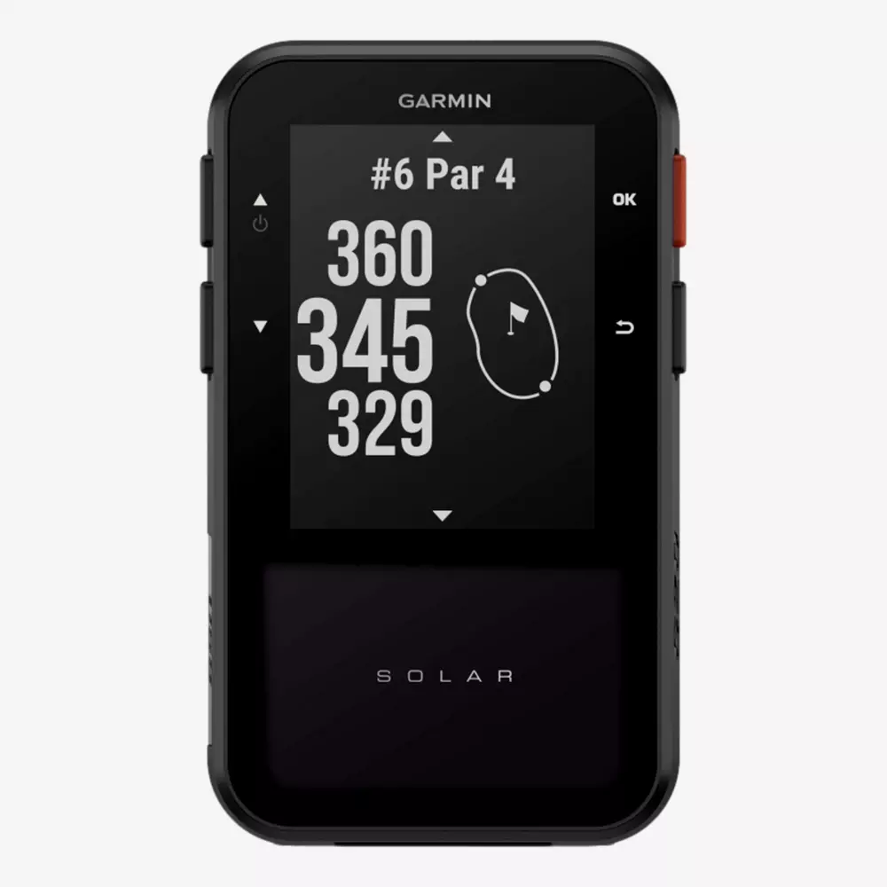 A black Garmin handheld golf GPS device displays hole 6, par 4, with distances of 360, 345, and 329 yards, and an easy map of the green. The word SOLAR appears below the screen&mdash;one of the best golf deals for $100 or less.