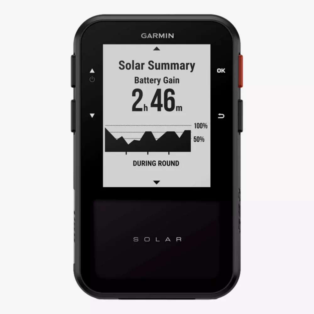 A Garmin device displays a solar summary screen showing battery gain of 2 hours and 46 minutes, with a graph indicating solar intensity during a round. The word SOLAR is visible at the bottom&mdash;ideal for golfers seeking the best golf deals for $100 or less.