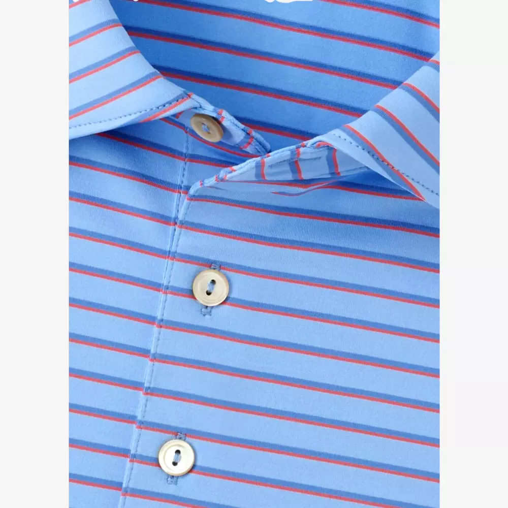 Close-up of a blue collared shirt with red and darker blue horizontal stripes. The shirt has three white buttons visible down the front placket—one of the best deals under $50.