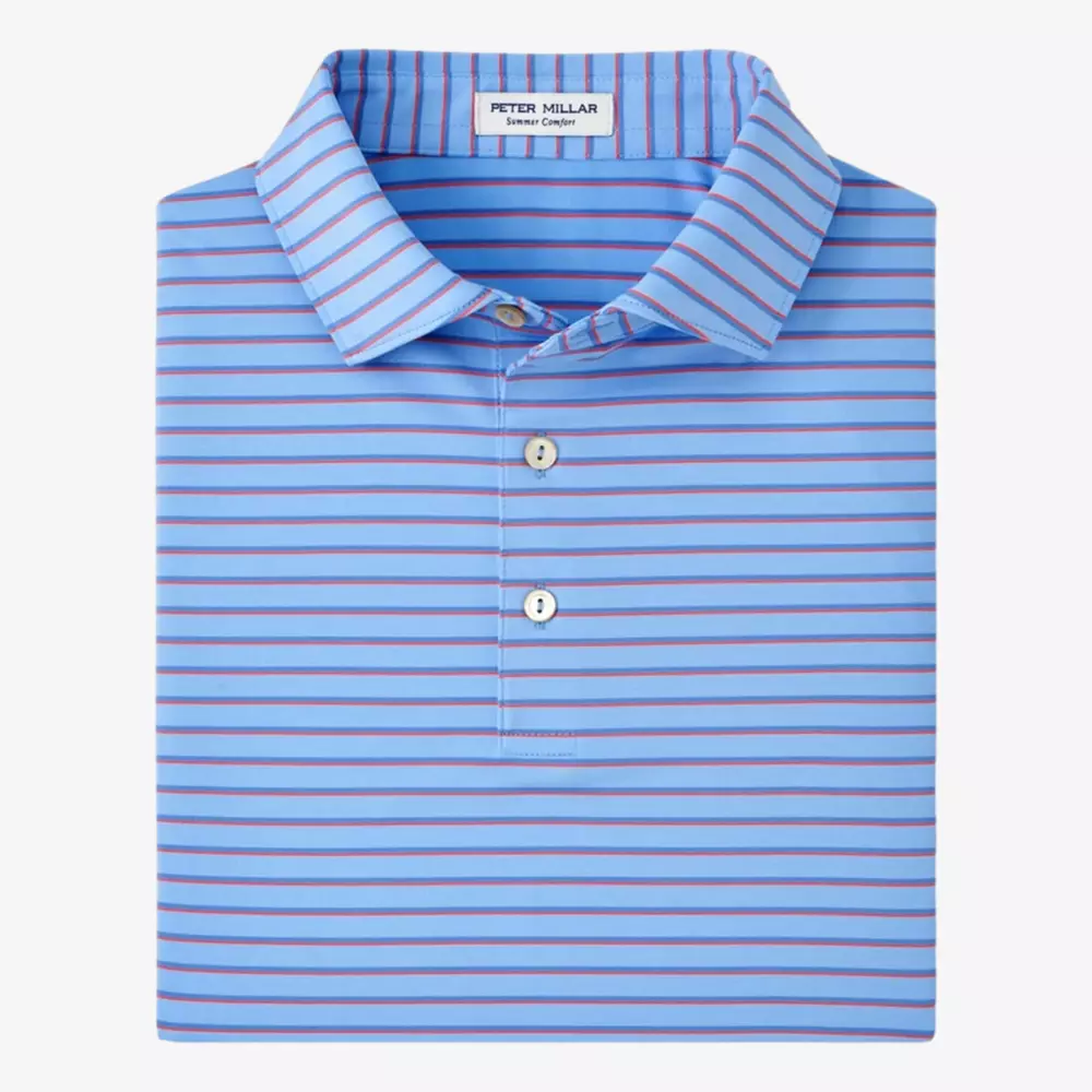 A neatly folded blue polo shirt with red horizontal stripes and white buttons, featuring a Peter Millar label on the inside collar—discover one of the best deals under $50.