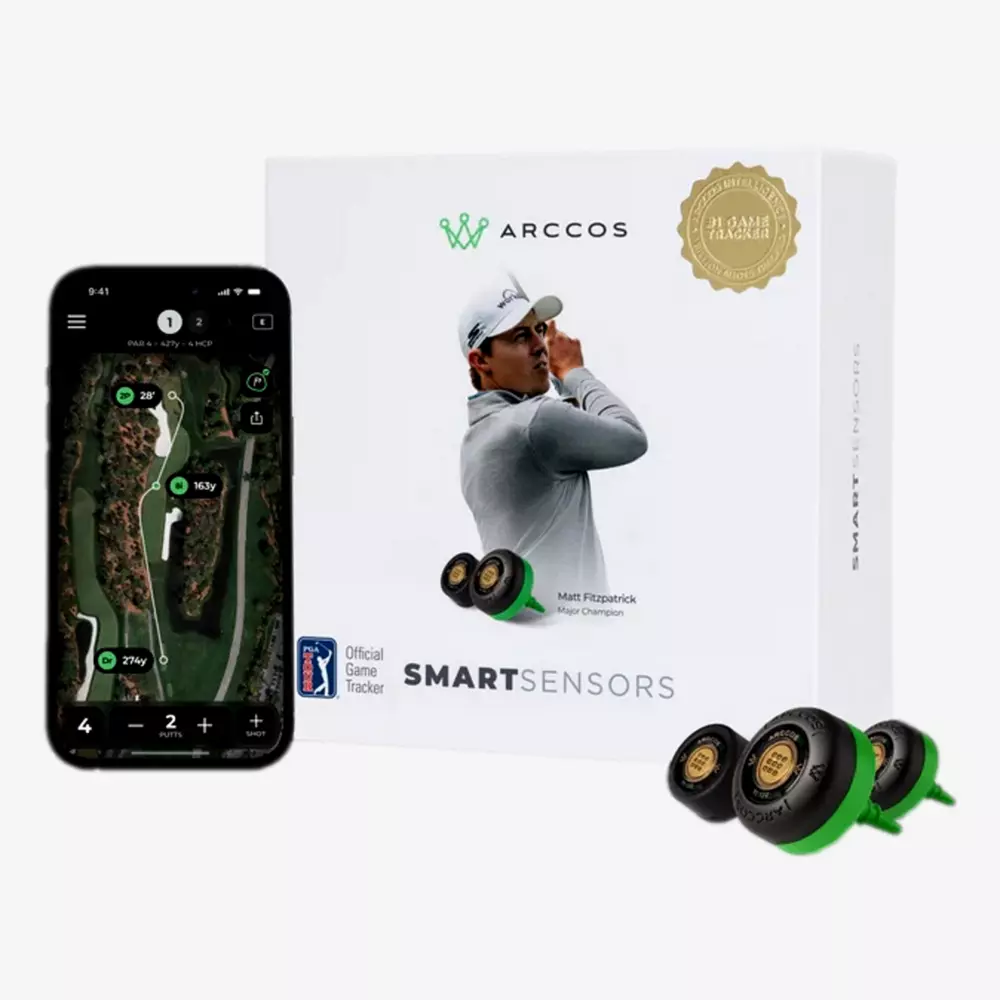Arccos Smart Sensors golf tracking system box featuring a golfer, two sensors, and a smartphone displaying a golf course tracking app&mdash;one of the best golf deals for $100 or less.