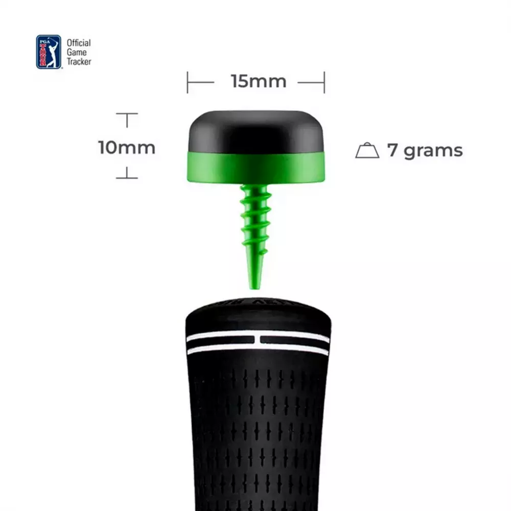A green and black device with a screw base is shown above a golf club grip. Measurements are 15mm wide, 10mm tall, and 7 grams. The PGA Tour logo appears in the top left&mdash;perfect for those seeking the best golf deals for $100 or less.