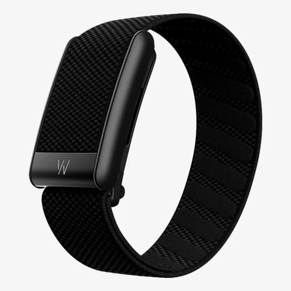 A black wearable wristband with a textured strap and a rectangular, minimalist face featuring a small W logo&mdash;an adjustable, sleek modern design that makes it one of the best golf deals for $100 or less.