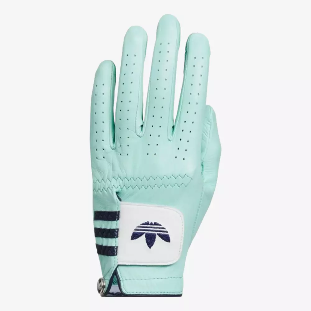 A light blue golf glove with perforations, dark blue stripes, and a logo on the wrist strap is shown against a plain white background&mdash;perfectly complementing the style of the best golf bags 2026.
