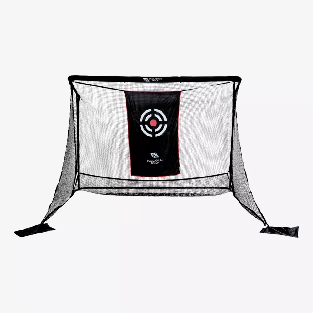A black and white sports net with a rectangular target sheet&mdash;featuring a red, white, and black bullseye&mdash;is anchored at the bottom corners. Perfect for practice sessions and one of the best deals under $50.