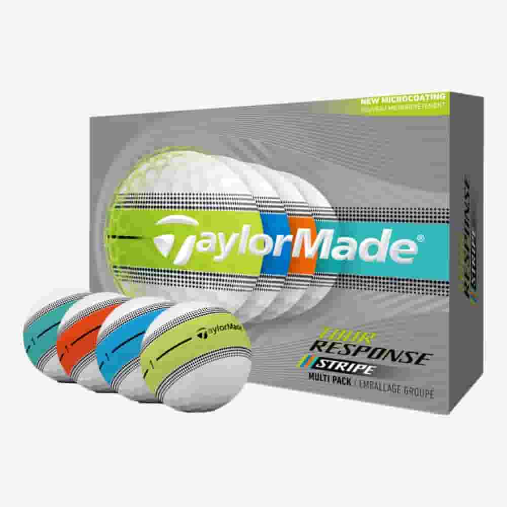 A box of TaylorMade Tour Response Stripe golf balls is shown, with four golf balls in front featuring different colored stripes: teal, orange, yellow, and blue. The packaging highlights the multi-pack and micro-coating—perfect for pairing with the best golf bags 2026.
